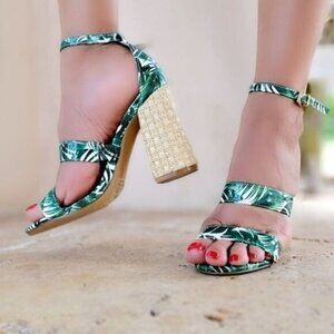 Women’s Green Dual Strap Ankle Block Heel Sandals with Palm Leaf Print
